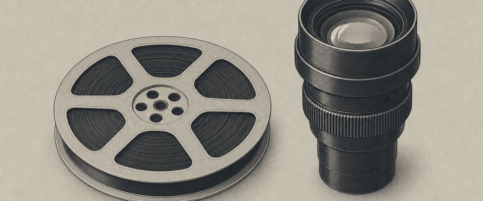 Eine flach liegende Filmrolle neben einem einzelnen Projektorobjektiv
